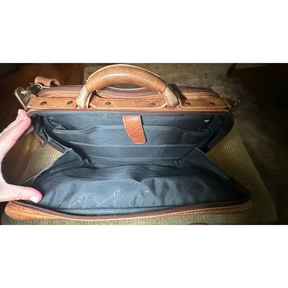 Full Grain Leather Briefcase Laptop Bag Tan Cognac Double Zip